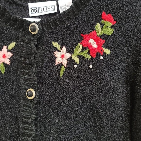 Vintage Russ Women's Button Front Sweater Cardigan Floral Pearls Black Size Lg - Picture 6 of 14